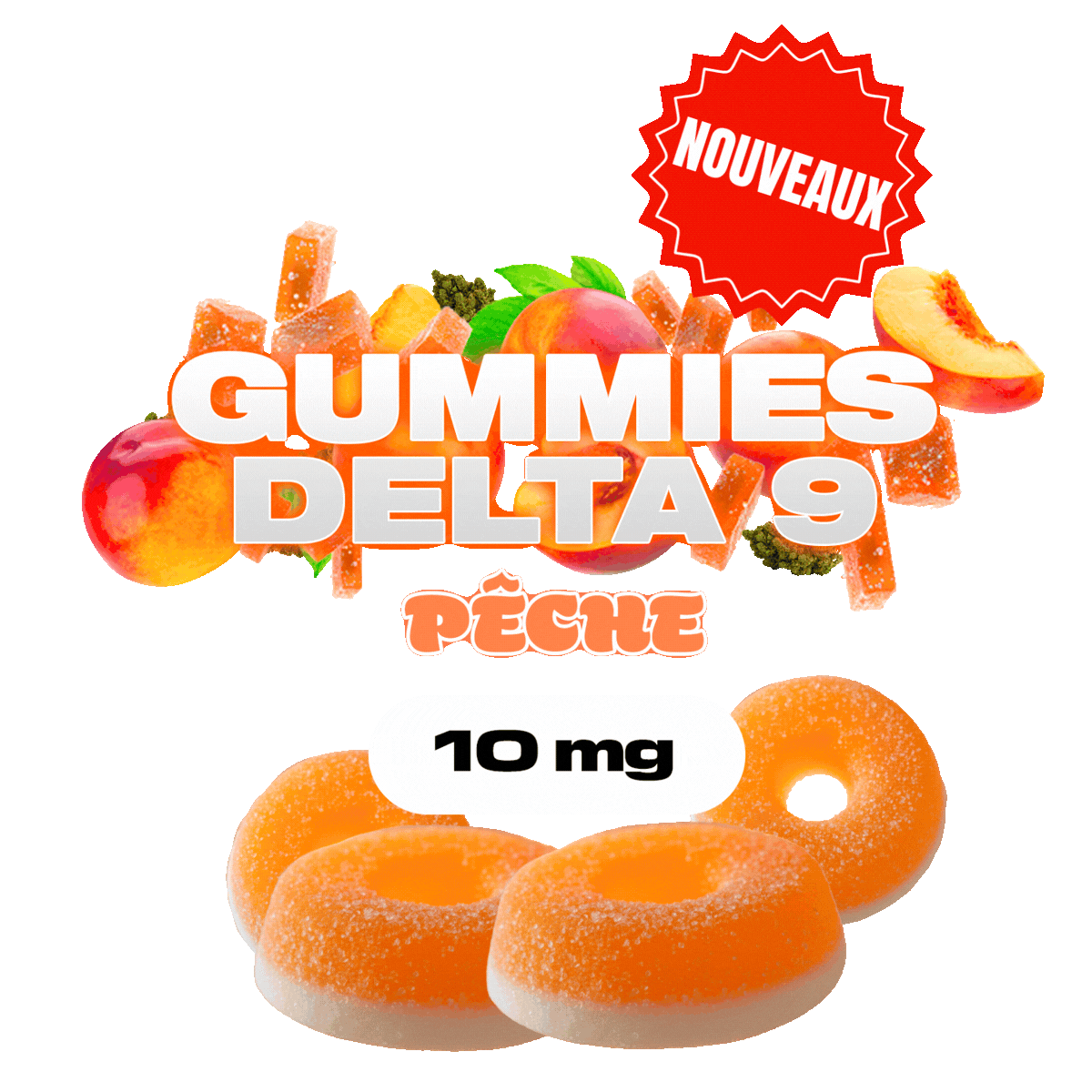 Bonbons Delta 9 Pêche 10MG – Gummies Peach Rings | Golden High